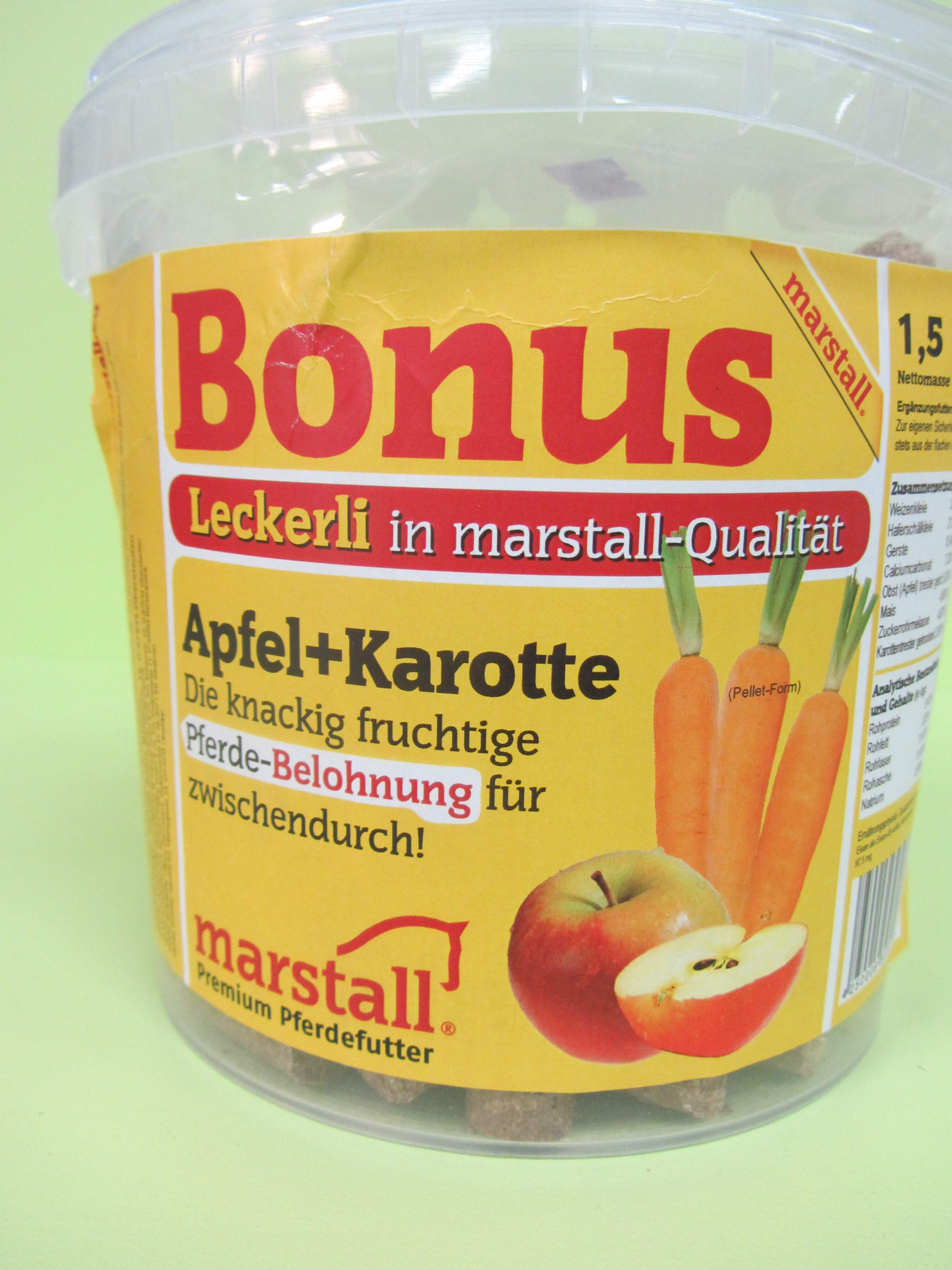 Pferde Leckerli 1,5kg marstall Bonus Apfel+Karotte Eimer