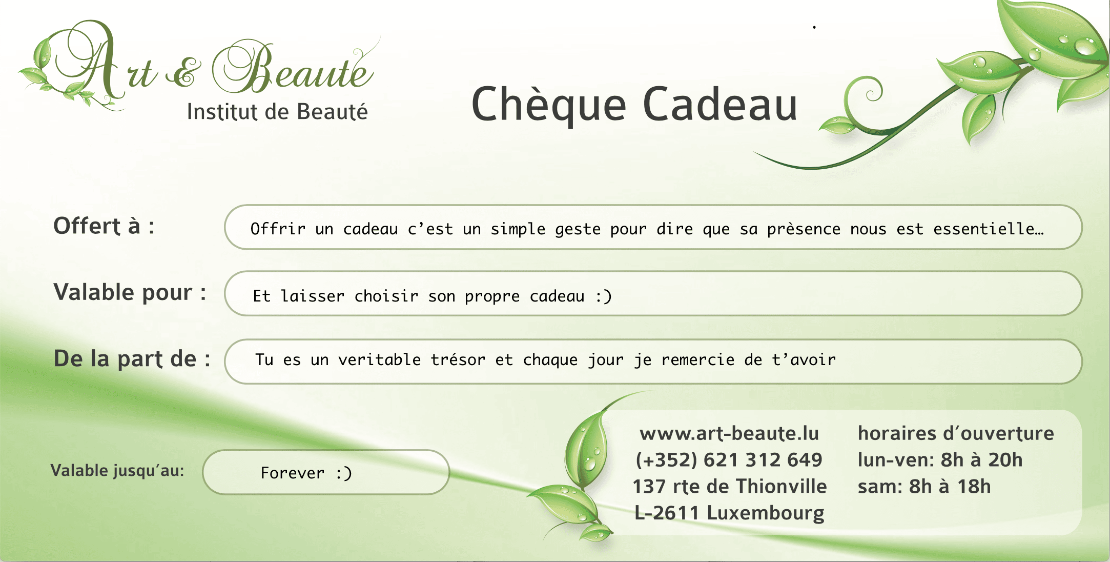 Geschenkgutscheine Bon Cadeau Art et Beaute