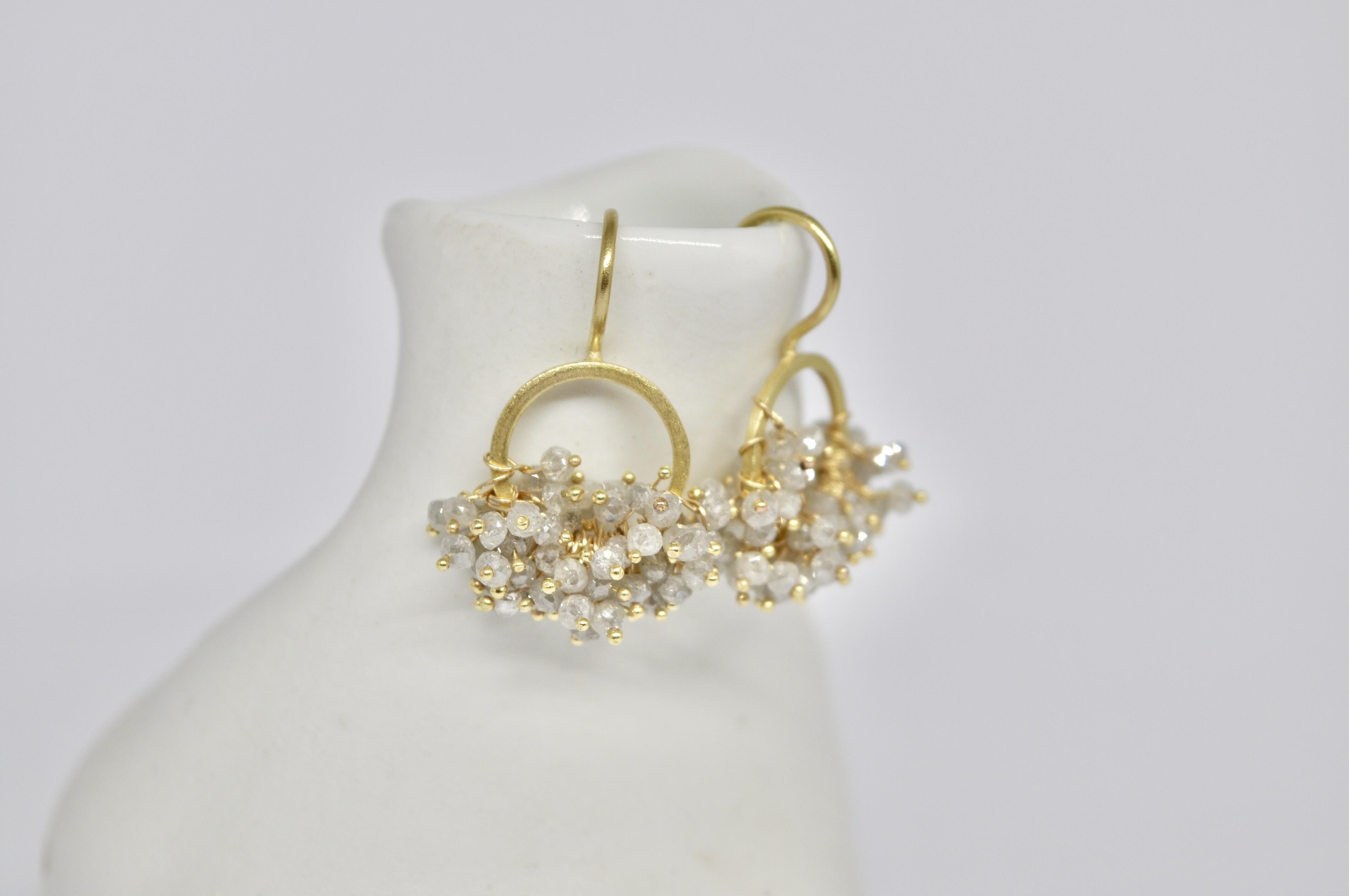 Circle cluster earrings, 18 karat yellow gold , white rough diamond beads