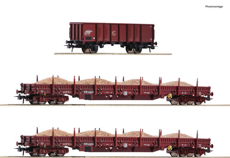 H0 Roco 77041  zwei Flachwagen, Gattung Res und einem offenen Güterwagen, Gattung El 3-tlg. Set: Sandzug, DR